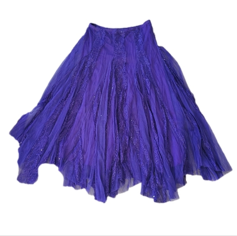 Vintage Whimsy Fairy Lace Sequin Maxi Skirt Pull On Large Purple Flowy Goth USA